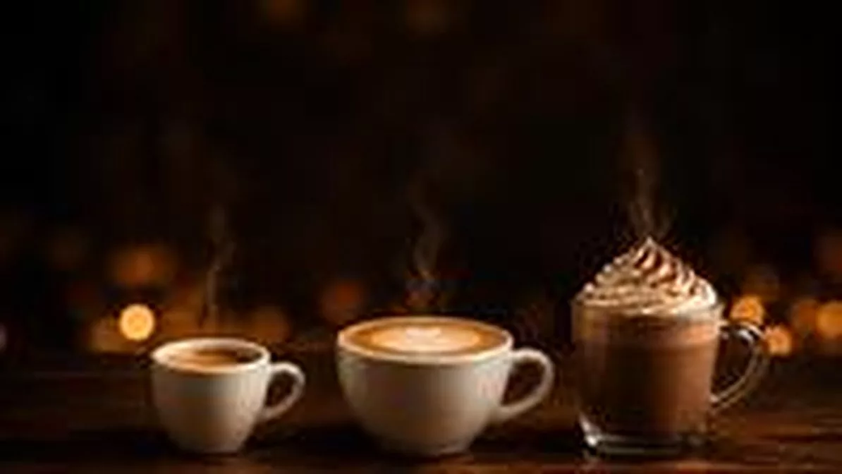Espresso, cappuccino com latte art e chocolate quente com vapor
